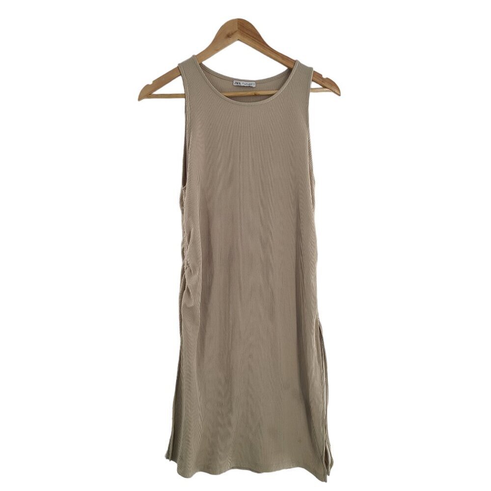 Zara Dress Large Womens Beige Ribbed Sleeveless Ruched Sides Mini